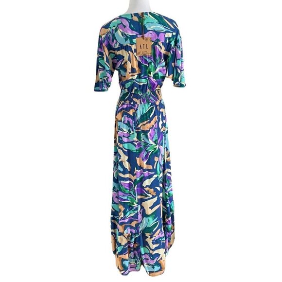 NWT ABEL THE LABEL PURPLE GREEN SALVIA PRINT SHORT SLEEVE HIGH LOW MAXI DRESS - Picture 3 of 8